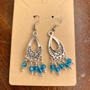 Antique Silver & Blue Aqua Round Glass Beaded Chandelier Earrings